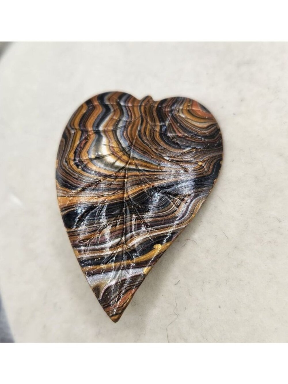 Vintage Metal Leaf Shaped Brooch With Black & Brown Swirls